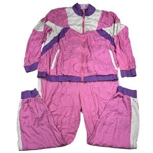 Vintage Tracksuit Set Womens 2X Pink Midnight Velvet Rayon Nylon Windbreaker Y2K